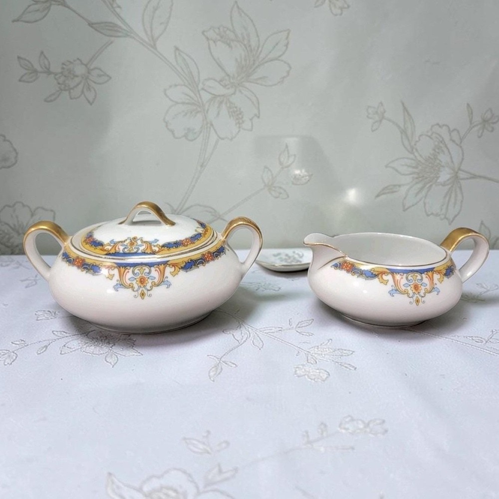 Epiag Elyrian Blue Gold Creamer & Lidded‎ Sugar Set, Czechoslovakian Tableware